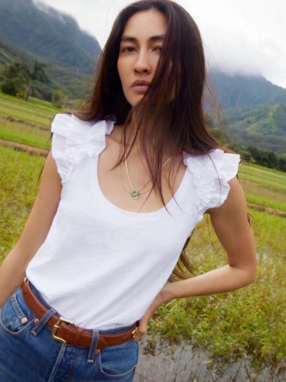 NATION LTD Valentina Ruffle Tank Optic White Slub Cotton Top Small Feminine Chic